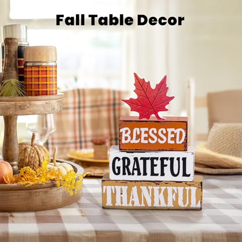 OLANRUN Thanksgiving Fall Decorations for Home, 4 PCS Wooden Fall Table Decor with Letter, Handmade Crafts Autumn Thanksgiving Decor Indoor for Office Farmhouse Home Bedroom Kitchen Mantel Tiered Tray - style: FALL - Maple Leaves