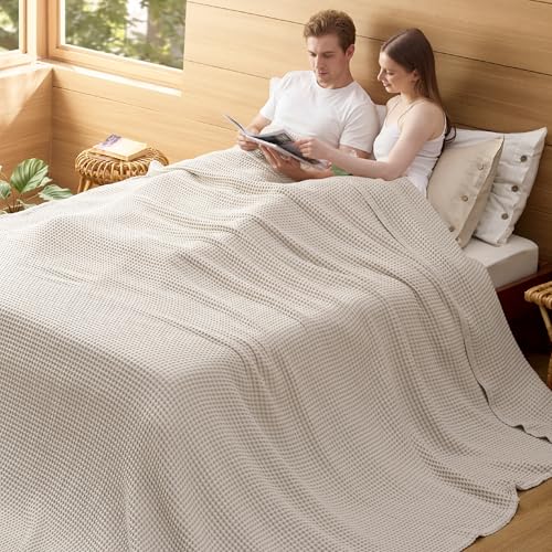 Bedsure Lightweight 100% Cotton Waffle Blanket, Oversized King, Linen - color: Linen, size: Oversized King (120" X 94")