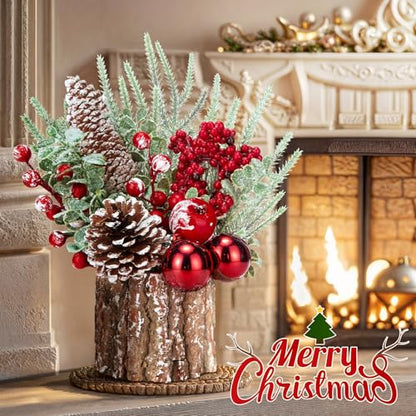 Christmas Decorations Indoor, Christmas Centerpiece Table Decorations, Small Artificial Tabletop/Desk Christmas Tree with Xmas Ornaments Pinecone Berry for Home Farmhouse Mantle Décor (Red)