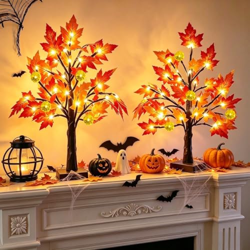 TURNMEON Fall Decor 2 Pack 18 Inch Prelit Fall Maple Tree 48 LEDs Timer - size: 2Pack 18 Inch