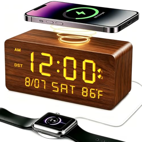 Premium Brown Wooden Digital Alarm Clock with Wireless Phone Charger, Dual USB Charging Ports, Dimmable LED Display, Date and Day of Week, Small Digital Desk Clock for Bedroom Nightstand Bedside Table - color: Brown