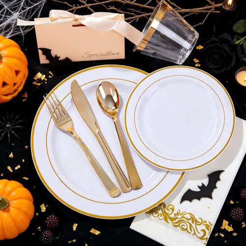 WELLIFE 700 Pieces Gold Plastic Dinnerware Set for 100 Guests - Includes Plates, Cups, Napkins, and Disposable Cutlery - Elegant White & Gold Design, Perfect for Parties and Events - color: Gold, style: 700PCS（100Guests）