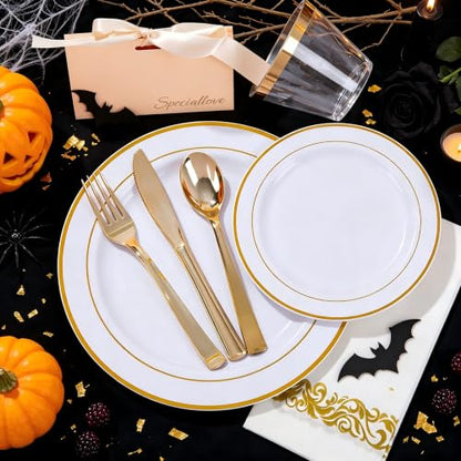 WELLIFE 700 Pieces Gold Plastic Dinnerware Set for 100 Guests - Includes Plates, Cups, Napkins, and Disposable Cutlery - Elegant White & Gold Design, Perfect for Parties and Events - color: Gold, style: 700PCS（100Guests）