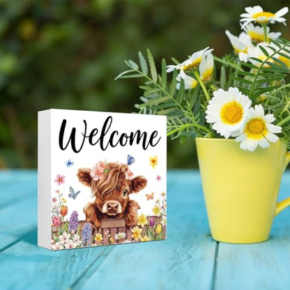 Cute Highland Cow Wooden Box Welcome Sign - color: Highland Cow