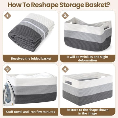 Optish 75L Large Woven Blanket Basket, Storage Basket with Handles - color: White & Grey, size: 22" x 17" x 11.5"(75L)