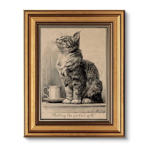 VIYYIEA Gold Small Framed Canvas Art, Vintage Cat Art Prints,8x10Inch, Retro Cat Lovers Decor for Home Bedroom Coffee Bar Office Shelf, Funny Animal Sketch Poster - color: Vintage Cat, size: 10"L x 8"W