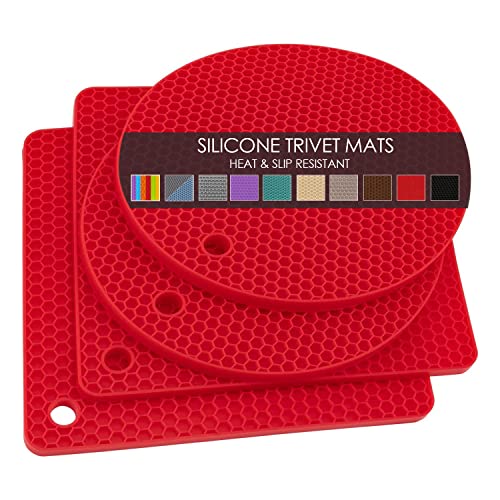 Silicone Trivets for Hot Pots and Pans, 4PCS Flexible Multipurpose Hot Pads Pot Holders, Heat Resistant Trivet Mats for Hot Dishes, Soft Non-Slip Silicone Mat for Kitchen Counter(Red) - color: 01 Red, size: 7x7in