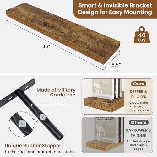 Floating Shelves for Wall, Wall Mounted Wood Shelves, Brown, Set of 2, 36in - color: Rustic Brown, size: 36"W x 6.5"D , 2 Pack