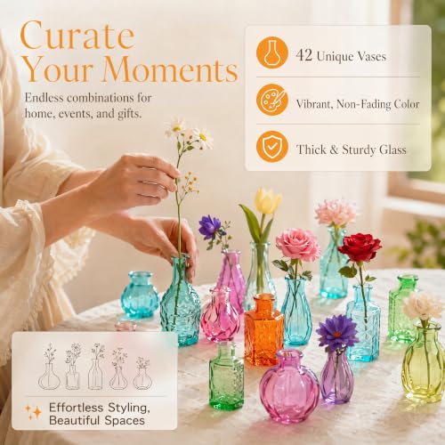 42 Pcs Colorful Glass Bud Vase Small Vintage Vases for Centerpieces