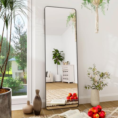 BEAUTYPEAK 59" x 16" Rounded Corner Full Length Mirror with Stand, Black - color: Black, size: 59"L x 16"W