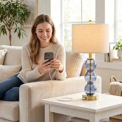 Oneach 25" Blue Table Lamps for Living Room, Glass Modern Table Lamp Set of 2, USB Charging Ports, Linen Shade, Bedside Lamps for Bedroom, Nightstand, Side Table - color: Blue