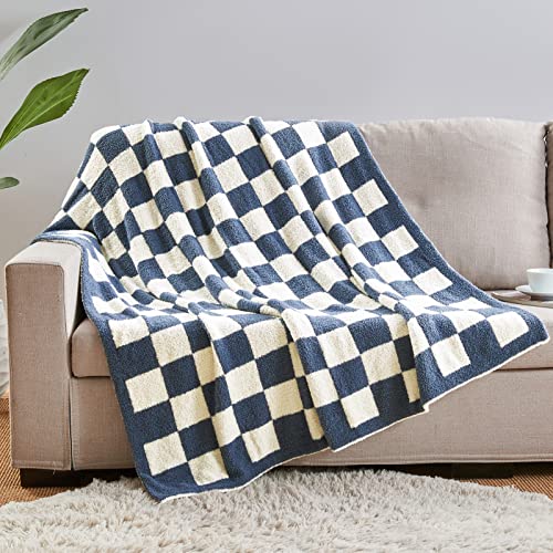 CozeCube Dusty Blue White Reversible Checkered Knit Throw Blanket 50"x60" - color: Dusty Blue and White, size: 50"x60"
