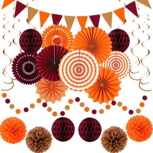 24 Pcs Fall Party Decorations, Burgundy Orange Paper Fans and Pom Poms Set - color: Orange burgundy