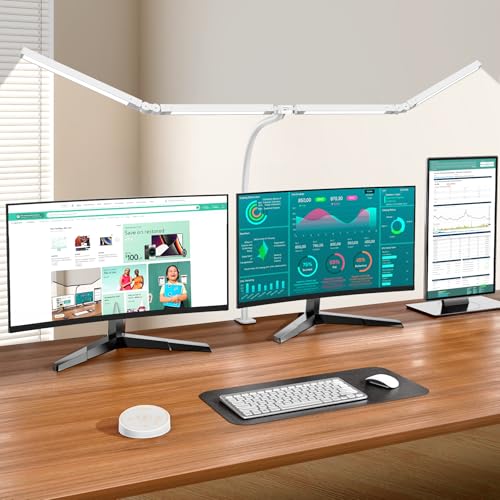 Pzloz Led Desk Lamp with Clamp: Architect Desk Lamp for Home Office, Eye Caring Double Head Computer Monitor Work Desk Light with Remote Control - 24W Flexible Dimmable Desktop Table Lamp White - color: Light White
