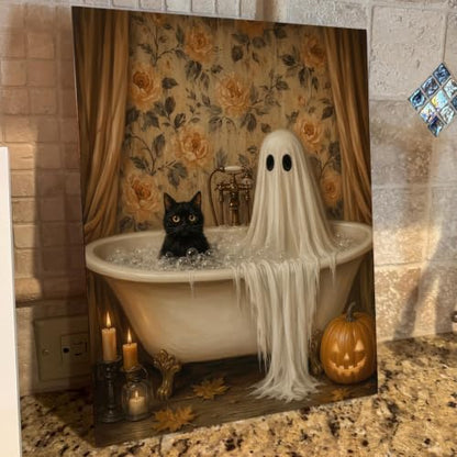 Halloween Wall Art Decor, Ghost Cat Bath Canvas Print Framed 8x10 Inch - color: N