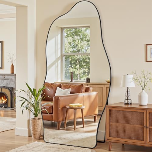 Antok Irregular Full Length Mirror, 76"x36" Asymmetrical Floor Mirror with Stand, Standing Hanging Leaning Irregular Mirrors for Bedroom Living Room Entryway, Cloud Shaped, Black - color: Black, size: 76"L x 36"W, style: Cloud Shaped Style