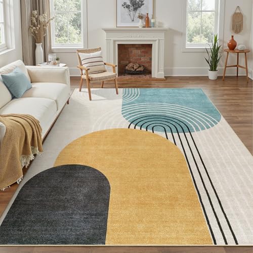 DCX Abstract Washable 4x6 Rug, Non Slip Low Pile Rug, Blue & Yellow - color: Yellow & Blue, size: 4' x 6' (Rectangular)