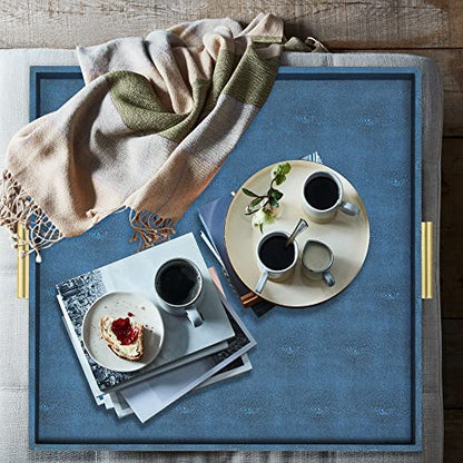 HofferRuffer Extra Large Square Serving Tray, Elegant Faux Leather Ottoman Tray with Gold Hardware Handles, Serve Tea, Coffee or Breakfast in Bed, 24 x 24 inches (Navy Blue Shagreen) - color: Navy Blue Shagreen, size: 24" x 24" x 2"