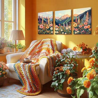 Hianan Wrapped Canvas Boho Moutain Wildflower Wall Art Set of 3, 12x16 in - color: Colourful, size: 16"L x 12"W