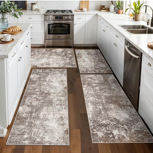 4-Piece Kitchen Rug Set with Runner – Washable Non-Slip Floor Mats for Sink,Entryway,Hallway,Bathroom – Modern Abstract Neutral Soft Throw Rugs(Brown Beige,2x3+2x4+2x5+2x6) - color: Brown Beige, size: 2x3+2x4+2x5+2x6