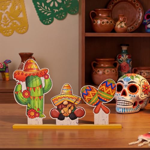 Smile Cinco De Mayo Standing Wooden Decor Set, 3-Piece Mexican Fiesta Wooden Cutouts (Cactus, Gnome, Maraca) for Tabletop & Party Display - style: Mexico