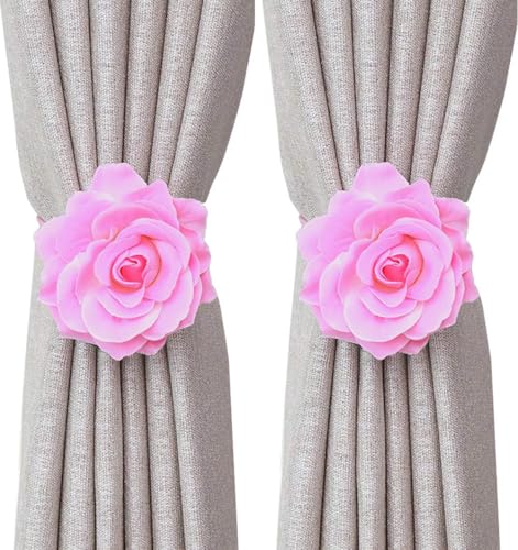 Curtain Tiebacks， Rose Magnetic Curtain Holders，Elegant 2 Pack Decorative Rope Holdback Holder, Home Decor Thin or Sheer Window Drapries Bed Canopy (Pink) - color: Pink-2pack