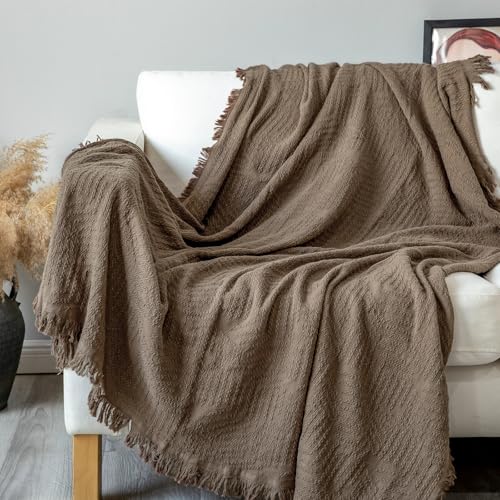 GLORY SEASON 100% Cotton Throw Blanket in Brown Jacqard Weave Fabric with Fringe Soft All Season Cover for Bed Couch and Living Room Sofa,Chair 50x60 Inches - color: Brown
