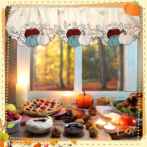Breling Embroidered Fall Kitchen Curtain Valance for Thanksgiving - style: Pumpkin