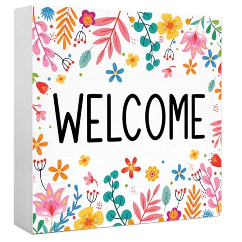 Welcome Sign Spring Wooden Box Sign, Welcome Spring Decorations for Home Office Bathroom Kitchen Rustic Wood Block Signs for Desk Shelf Table Decor - color: Welcome2