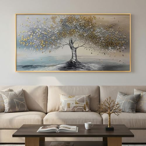 Large Gold Framed Tree of Life Wall Art for Living Room, Modern Abstract Blue Golden Tree Canvas Painting Prints, Luxury Artwork for Bedroom Hallway Kitchen Dining Room Office Wall Decor, 60x30 Inch - color: Blue Gray Gold, size: 60"L x 30"W