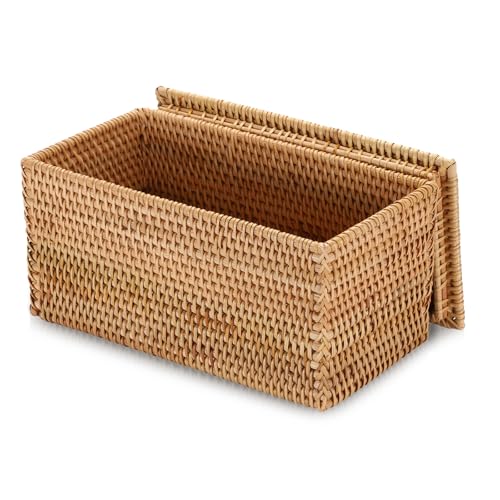 Hipiwe Rattan Basket Storage Box with Lid Handwoven Lidded Wicker Baskets - size: 11.8"L x 6.2"W x 6.1"H
