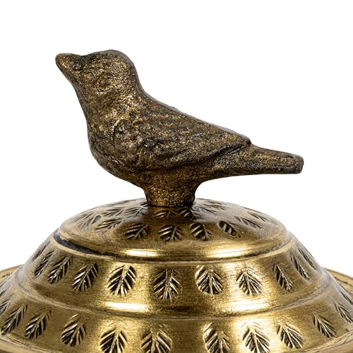 Round Hammered Metal Container with Bird Finial, Brass Finish - size: 6 inches (Diameter) x 7 inches (Height), style: Bird