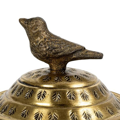 Round Hammered Metal Container with Bird Finial, Brass Finish - size: 6 inches (Diameter) x 7 inches (Height), style: Bird