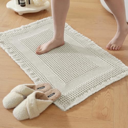 Waffle Bathroom Rugs Non Slip Hallway Bedroom Laundry Beige White - color: Beige White, size: 2' x 6'