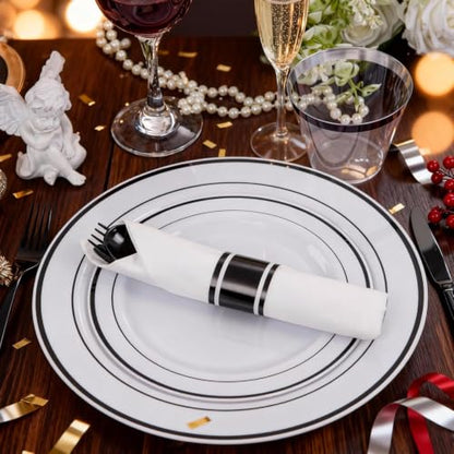 WELLIFE 210Pcs Black Plastic Dinnerware with Pre Rolled Napkins, Include:30 Dinner Plates, 30 Dessert Plates, 30 Paper Napkins, 30 Cups, 90 Plastic Cutlery - color: Black, style: 210PCS（30 Guests）