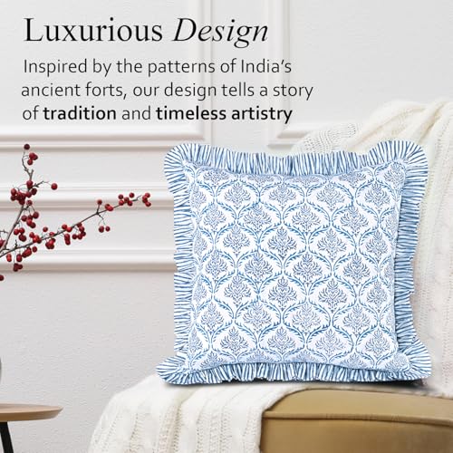 CPC Indigo Regal Block Print Ruffle Pillow Cover 18x18 Inch, Pack of 2 - color: Indigo Regal, size: 18" x 18" (Pack of 2)
