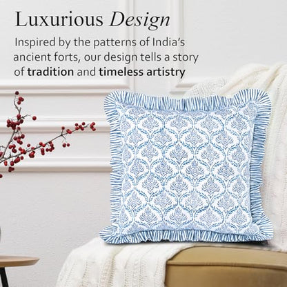 CPC Indigo Regal Block Print Ruffle Pillow Cover 18x18 Inch, Pack of 2 - color: Indigo Regal, size: 18" x 18" (Pack of 2)