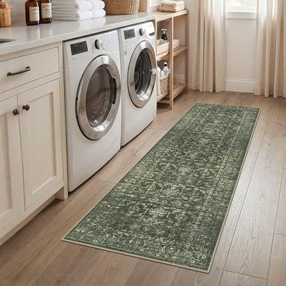 2x7 Washable Kitchen Runner Rug Non-Slip Boho Dark Green Throw Carpet - color: Dark Green, size: 2' x 7' (Runner)