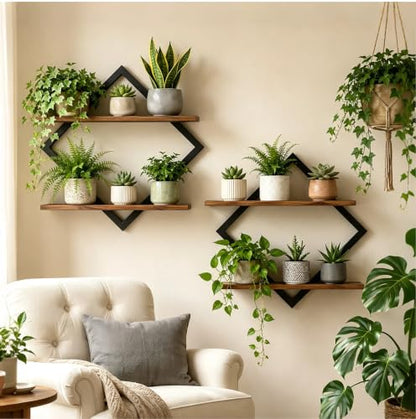 2 Pack Floating Wall Shelves Plant Holders, Brown - color: Rustic Brown-2pack