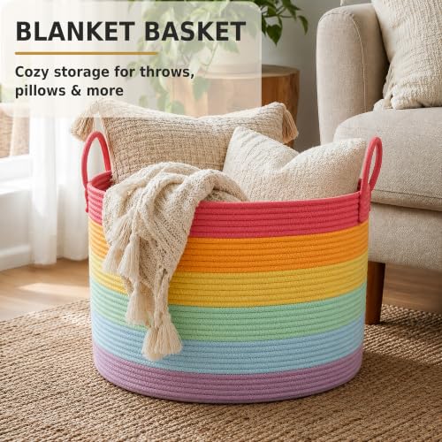 XUANGUO 66L Large Blanket Basket, Round Cotton Rope Basket, Rainbow - color: rainbow