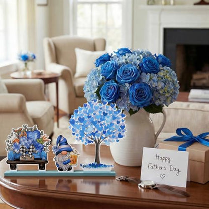 Smile Father's Day Wooden Table Decor Blue Heart Tree Beer Truck Gnome with Beer Desktop Decorations for Home Office Shelf Gift for Dad Husband Grandpa - style: Tree Dad