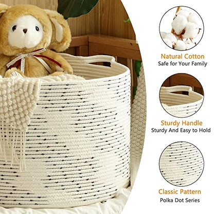 KAKAMAY Large Blanket Basket (20"x13"),Woven Baskets for storage Baby Laundry Hamper，Cotton Rope Blanket Basket for Living Room, Laundry, Nursery, Pillows, Off White with Blue & Brown Dotted Pattern - color: White Dot