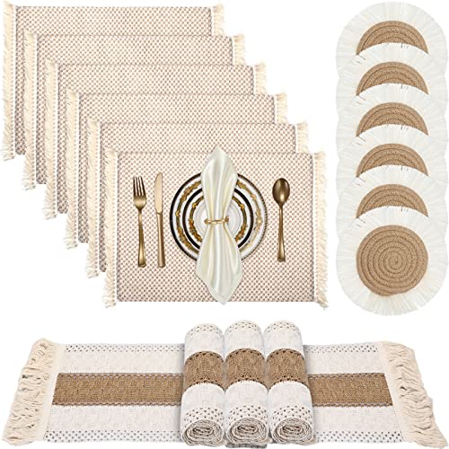 Tatuo 13 Pcs Macrame Table Runner Placemat Coaster Set, Boho Tassel, Retro