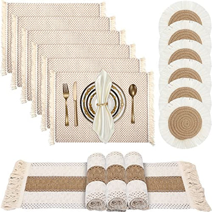 Tatuo 13 Pcs Macrame Table Runner Placemat Coaster Set, Boho Tassel, Retro