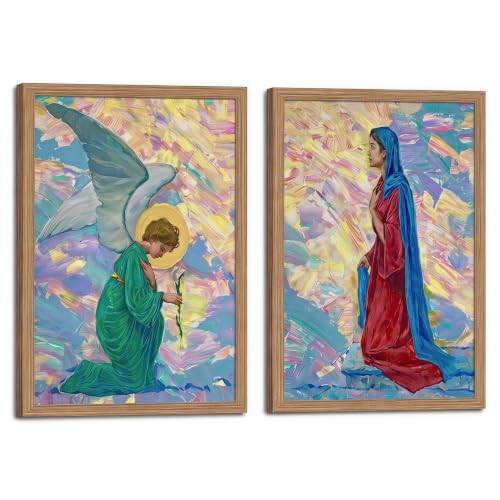 Framed Religious Canvas Wall Art Spiritual Artwork 2Pcs 12x16 Inch | Sacred Painting Prints Picture Poster for Living Room Bedroom Bathroom Faith Inspired Home Accent Ready to Hang - color: Angel and Virgin Mary 019, size: 16"L x 12"W