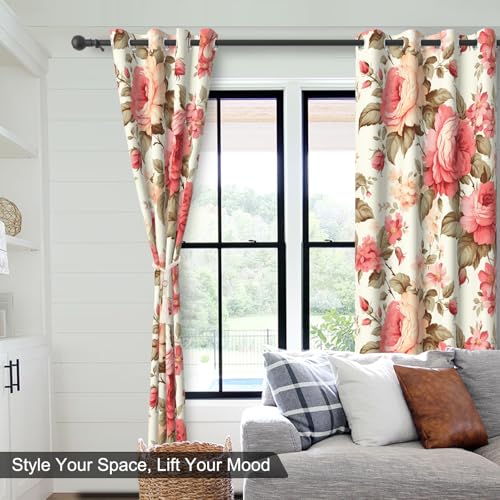 Pink Rose Blackout Curtains for Girls Room and Nursery, Floral Living Room Darkening Curtains 84 Inch Long 2 Panels Set, Spring and Summer Soundproof Thermal Insulated Bedroom Curtains with Tiebacks - color: Pink Peonies
