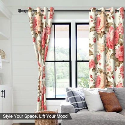 Pink Rose Blackout Curtains for Girls Room and Nursery, Floral Living Room Darkening Curtains 84 Inch Long 2 Panels Set, Spring and Summer Soundproof Thermal Insulated Bedroom Curtains with Tiebacks - color: Pink Peonies
