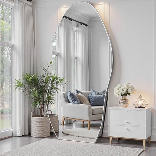 Antok Irregular Full Length Mirror, 76"x36" Asymmetrical Floor Mirror with Stand, Standing Hanging Leaning Irregular Mirrors for Bedroom Living Room Entryway, Wavy Shaped, Silvery - color: Silver, size: 76"L x 36"W, style: Wavy Shaped Style