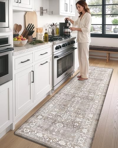 DEXI Kitchen Floor Mats Cushioned Anti Fatigue Runner Rug Grey Floral - color: Beige Grey, size: 107"L x 24"W x 0.4"Th