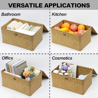Seagrass Wicker Storage Basket with Lid, X-Large, Natural - color: Natural, size: 14.3" x 9.4" x 6.9"